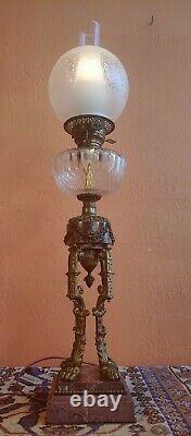 1890's Neoclassical French converted Oil Parlor Lamp, Pink Marble, Lion feet