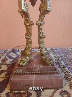 1890's Neoclassical French converted Oil Parlor Lamp, Pink Marble, Lion feet