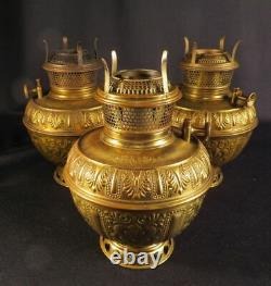 1890's Set 3 B&H Fancy Brass Kerosene Oil Fonts for Hanging or Wall Mount Lamps