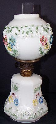 1890's Victorian Era HP Milk Glass Cosmos 9.5t Miniature Kerosene Oil Lamp