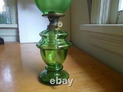 1890s ANTIQUE GREEN PANEL OPTIC MINIATURE OIL LAMP With FROSTED GREEN GLASS SHADE