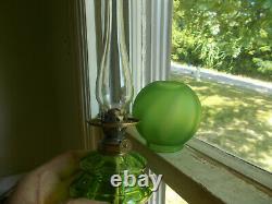 1890s ANTIQUE GREEN PANEL OPTIC MINIATURE OIL LAMP With FROSTED GREEN GLASS SHADE