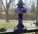 1890s ANTIQUE PICKARD PATTERN AMETHYST GLASS OIL LAMP WITH 1883 DATED BURNER