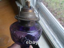 1890s ANTIQUE PICKARD PATTERN AMETHYST GLASS OIL LAMP WITH 1883 DATED BURNER