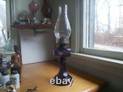 1890s ANTIQUE PICKARD PATTERN AMETHYST GLASS OIL LAMP WITH 1883 DATED BURNER