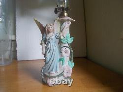 1890s ANTIQUE PORCELAIN ANGEL MINIATURE OIL LAMP WITH BURNER & EMB CHIMNEY