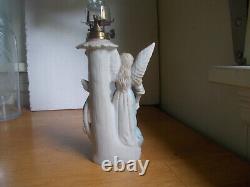 1890s ANTIQUE PORCELAIN ANGEL MINIATURE OIL LAMP WITH BURNER & EMB CHIMNEY