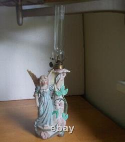 1890s ANTIQUE PORCELAIN ANGEL MINIATURE OIL LAMP WITH BURNER & EMB CHIMNEY