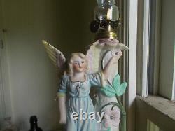 1890s ANTIQUE PORCELAIN ANGEL MINIATURE OIL LAMP WITH BURNER & EMB CHIMNEY