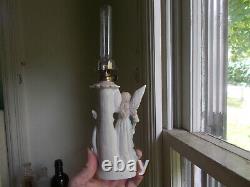 1890s ANTIQUE PORCELAIN ANGEL MINIATURE OIL LAMP WITH BURNER & EMB CHIMNEY