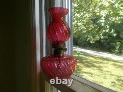 1890s BEAUTIFUL BEADED SWIRL CRANBERRY GLASS MINI OIL LAMP WITH MATCHING CHIMNEY