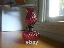 1890s BEAUTIFUL BEADED SWIRL CRANBERRY GLASS MINI OIL LAMP WITH MATCHING CHIMNEY