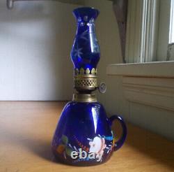 1890s COBALT BLUE MINI FINGER OIL LAMP WITH BLUE OVERLAY CUT TO CLEAR CHIMNEY