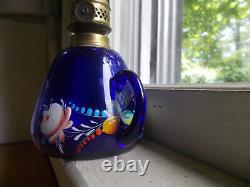 1890s COBALT BLUE MINI FINGER OIL LAMP WITH BLUE OVERLAY CUT TO CLEAR CHIMNEY