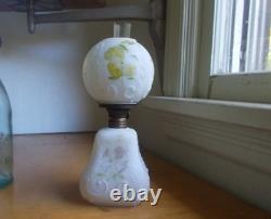 1890s FROSTED SATIN MILKGLASS MINI OIL LAMP WITH ORIGINAL MATCHING GLOBE