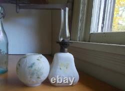 1890s FROSTED SATIN MILKGLASS MINI OIL LAMP WITH ORIGINAL MATCHING GLOBE