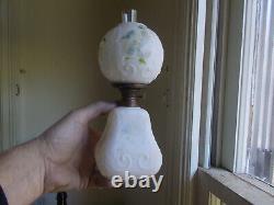 1890s FROSTED SATIN MILKGLASS MINI OIL LAMP WITH ORIGINAL MATCHING GLOBE