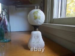 1890s FROSTED SATIN MILKGLASS MINI OIL LAMP WITH ORIGINAL MATCHING GLOBE