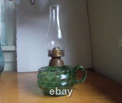 1890s GREEN SPOT OPTIC PATTERN GLASS OIL LAMP WithAPPLIED FINGER GRIP HANDLE ETC