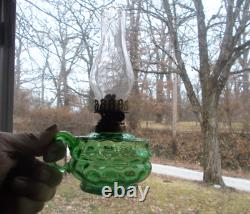 1890s GREEN SPOT OPTIC PATTERN GLASS OIL LAMP WithAPPLIED FINGER GRIP HANDLE ETC