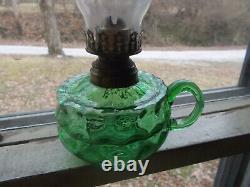 1890s GREEN SPOT OPTIC PATTERN GLASS OIL LAMP WithAPPLIED FINGER GRIP HANDLE ETC