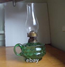 1890s GREEN SPOT OPTIC PATTERN GLASS OIL LAMP WithAPPLIED FINGER GRIP HANDLE ETC