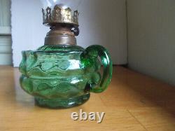 1890s GREEN SPOT OPTIC PATTERN GLASS OIL LAMP WithAPPLIED FINGER GRIP HANDLE ETC