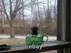 1890s GREEN SPOT OPTIC PATTERN GLASS OIL LAMP WithAPPLIED FINGER GRIP HANDLE ETC