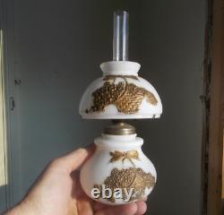 1890s MILKGLASS FLOWER BASKET EMB MINIATURE OIL LAMP WithORIGINAL MATCHING SHADE