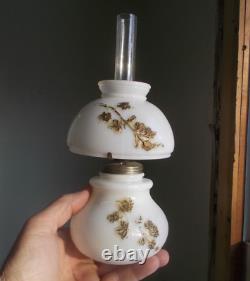 1890s MILKGLASS FLOWER BASKET EMB MINIATURE OIL LAMP WithORIGINAL MATCHING SHADE