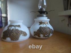 1890s MILKGLASS FLOWER BASKET EMB MINIATURE OIL LAMP WithORIGINAL MATCHING SHADE