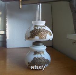 1890s MILKGLASS FLOWER BASKET EMB MINIATURE OIL LAMP WithORIGINAL MATCHING SHADE