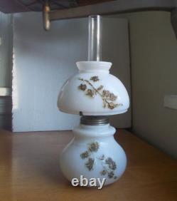 1890s MILKGLASS FLOWER BASKET EMB MINIATURE OIL LAMP WithORIGINAL MATCHING SHADE