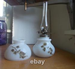 1890s MILKGLASS FLOWER BASKET EMB MINIATURE OIL LAMP WithORIGINAL MATCHING SHADE