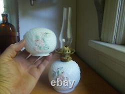 1890s MILKGLASS MINIATURE OIL LAMP EMB FLOWERS & DIAMOND LATTICE MATCHING SHADE