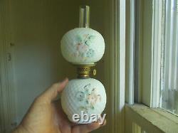 1890s MILKGLASS MINIATURE OIL LAMP EMB FLOWERS & DIAMOND LATTICE MATCHING SHADE