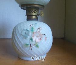 1890s MILKGLASS MINIATURE OIL LAMP EMB FLOWERS & DIAMOND LATTICE MATCHING SHADE