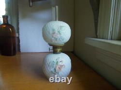 1890s MILKGLASS MINIATURE OIL LAMP EMB FLOWERS & DIAMOND LATTICE MATCHING SHADE