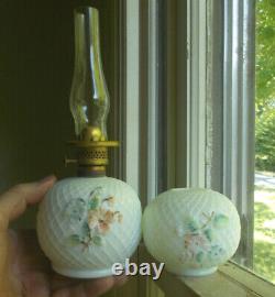 1890s MILKGLASS MINIATURE OIL LAMP EMB FLOWERS & DIAMOND LATTICE MATCHING SHADE