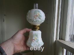 1890s MILKGLASS MINIATURE OIL LAMP WITH EMB & PAINTED FLOWERS MATCHING SHADE ETC