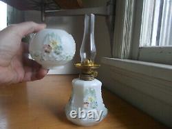 1890s MILKGLASS MINIATURE OIL LAMP WITH EMB & PAINTED FLOWERS MATCHING SHADE ETC