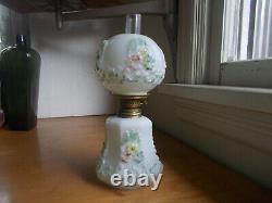 1890s MILKGLASS MINIATURE OIL LAMP WITH EMB & PAINTED FLOWERS MATCHING SHADE ETC