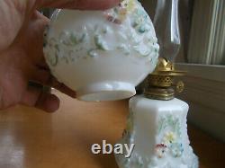 1890s MILKGLASS MINIATURE OIL LAMP WITH EMB & PAINTED FLOWERS MATCHING SHADE ETC