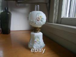 1890s MILKGLASS MINIATURE OIL LAMP WITH EMB & PAINTED FLOWERS MATCHING SHADE ETC