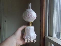 1890s MILKGLASS MINIATURE OIL LAMP WithORIGINAL PINK FLORAL EMB MATCHING SHADE