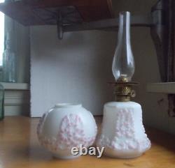 1890s MILKGLASS MINIATURE OIL LAMP WithORIGINAL PINK FLORAL EMB MATCHING SHADE