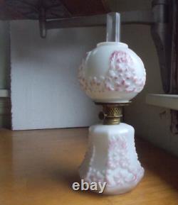 1890s MILKGLASS MINIATURE OIL LAMP WithORIGINAL PINK FLORAL EMB MATCHING SHADE