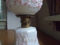 1890s MILKGLASS MINIATURE OIL LAMP WithORIGINAL PINK FLORAL EMB MATCHING SHADE