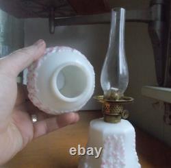 1890s MILKGLASS MINIATURE OIL LAMP WithORIGINAL PINK FLORAL EMB MATCHING SHADE