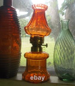 1890s ORANGE BITTERSWEET PANEL OPTIC MINIATURE OIL LAMP WithMATCHING CHIMNEY NICE